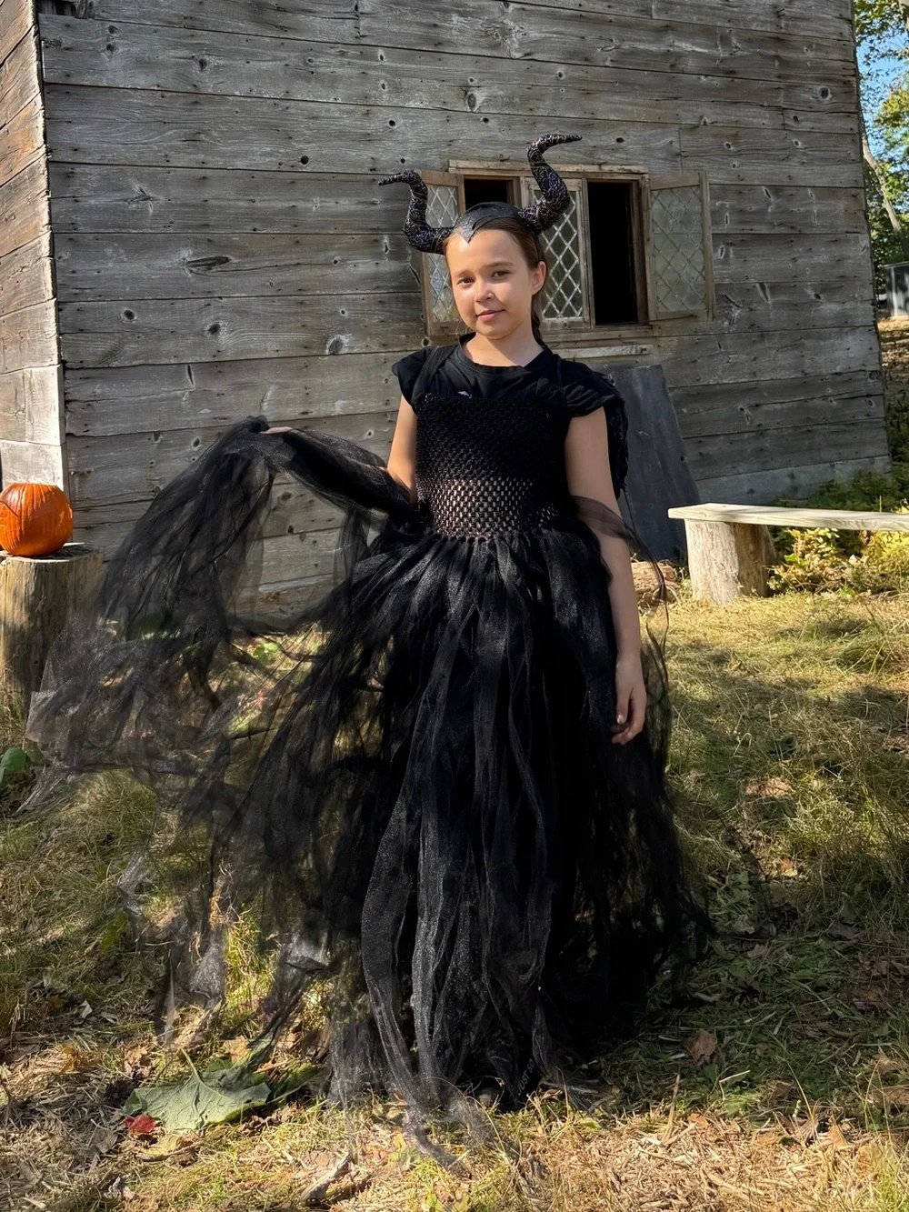 Halloween costume. Black Maleficent-Inspired Kids Costume with Horns and Wings